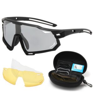 Polarized, UV 400,sport cycling glasses with 3 interchangeable lenses-Black