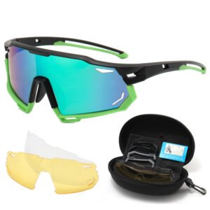 Polarized, UV 400,sport cycling glasses with 3 interchangeable lenses-Green Black