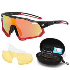 Polarized, UV 400,sport cycling glasses with 3 interchangeable lenses-Red Black