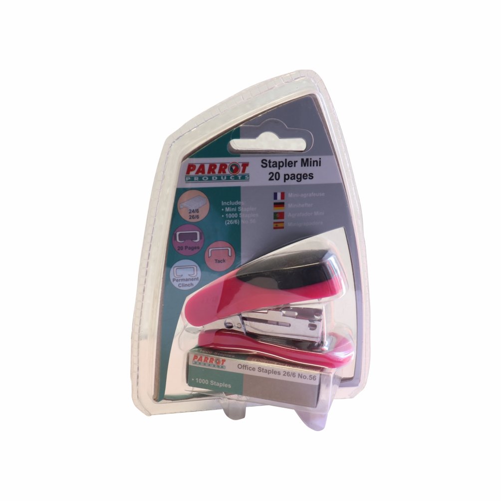 STAPLER PLASTIC MINI PINK + STAPLES (1000×26/6)