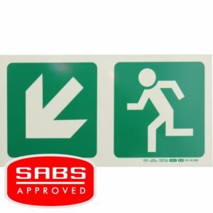 Photoluminescent 190MM Safety Sign - E14-Diagonal Arrow Down AND Left + Running Man