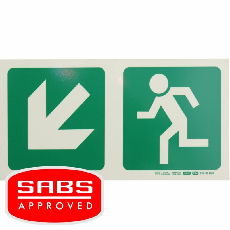 Photoluminescent 190MM Safety Sign - E14-Diagonal Arrow Down AND Left + Running Man