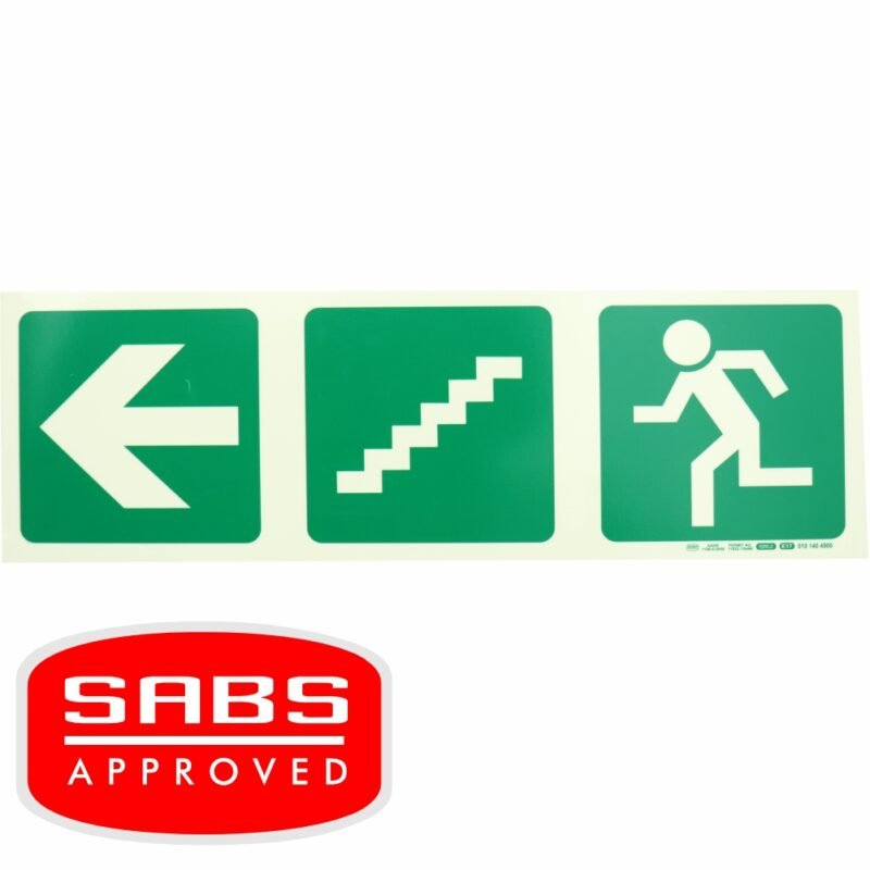 Photoluminescent 190MM Safety Sign - E17-Arrow Left+Stairs Going Down+Running Man