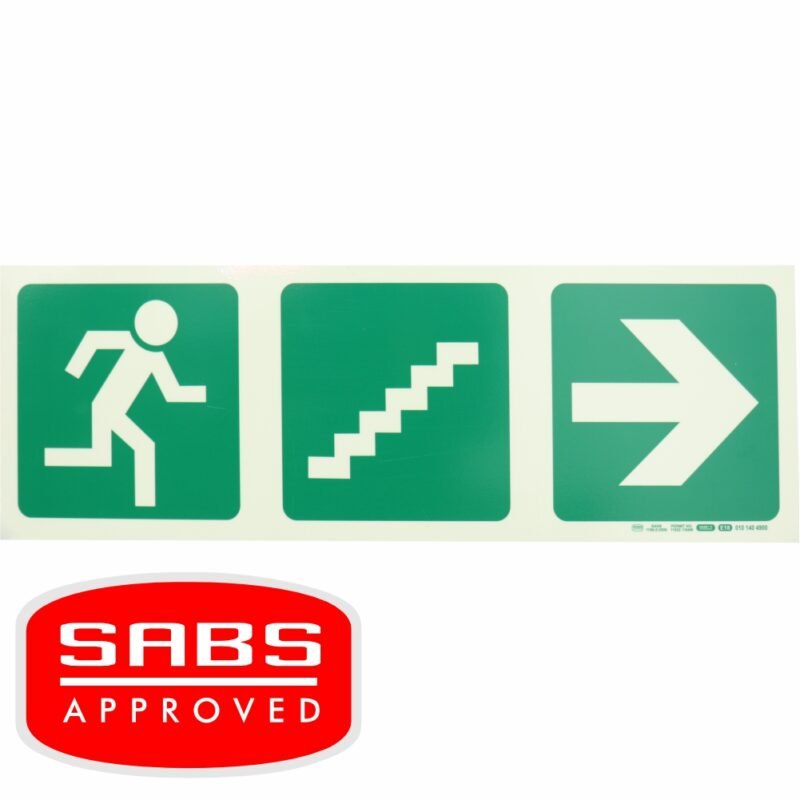 Photoluminescent 190MM Safety Sign - E18-Running Man+Stairs Going Up+Arrow Right