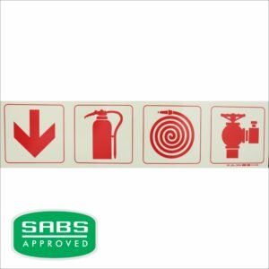 Photoluminescent 190mm Safety Sign - F1 - Arrow Down + Fire Extinguisher + Fire Hose Reel + Fire Hyd