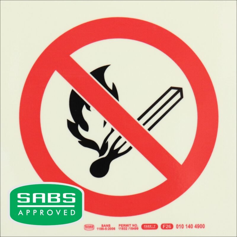 Photoluminescent 190mm Safety Sign F26 No Open Or Naked Flames