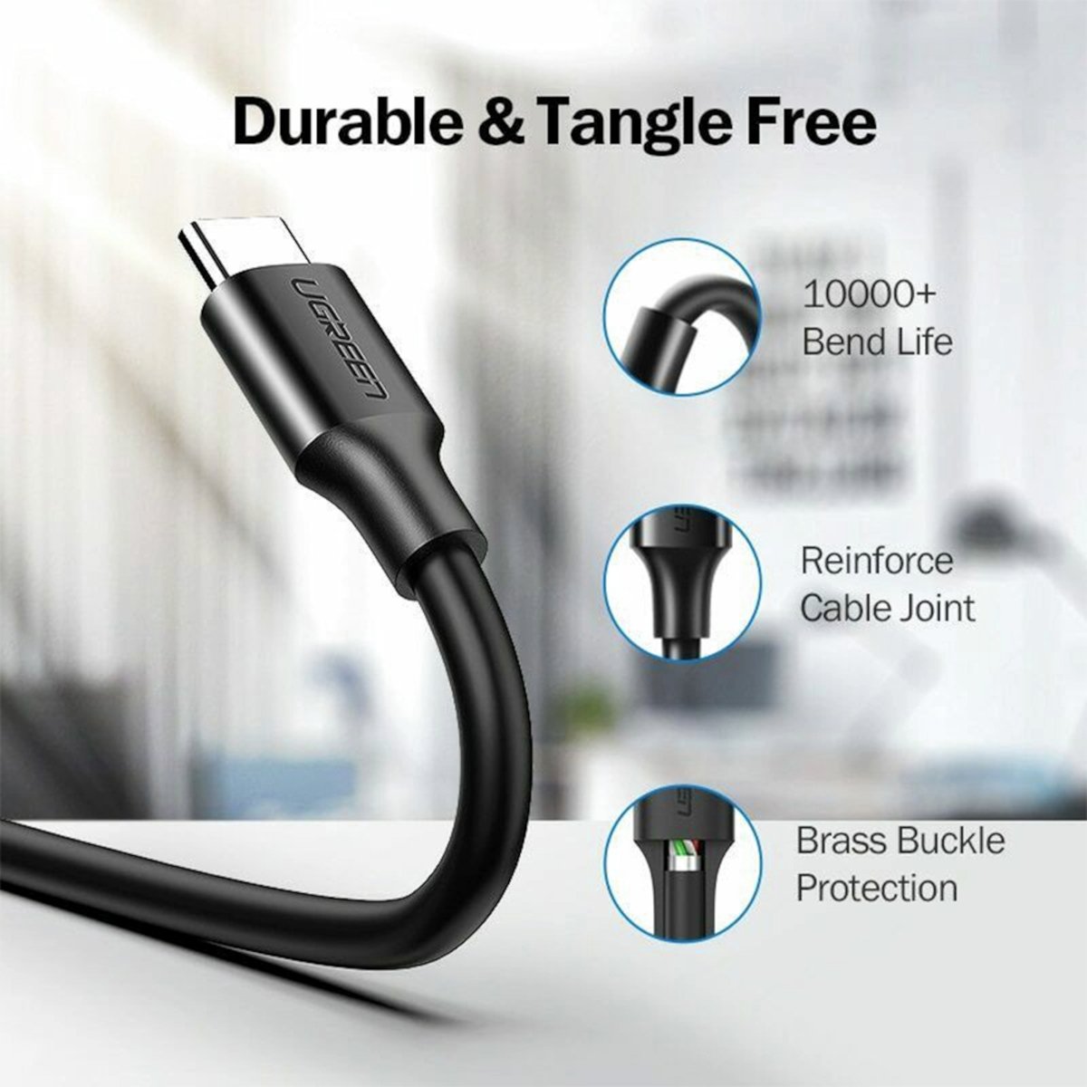 UGREEN Type-C to USB 3.0 Cable 1m – Fast Charging 3A, 5Gbps Sync – Black - Image 3