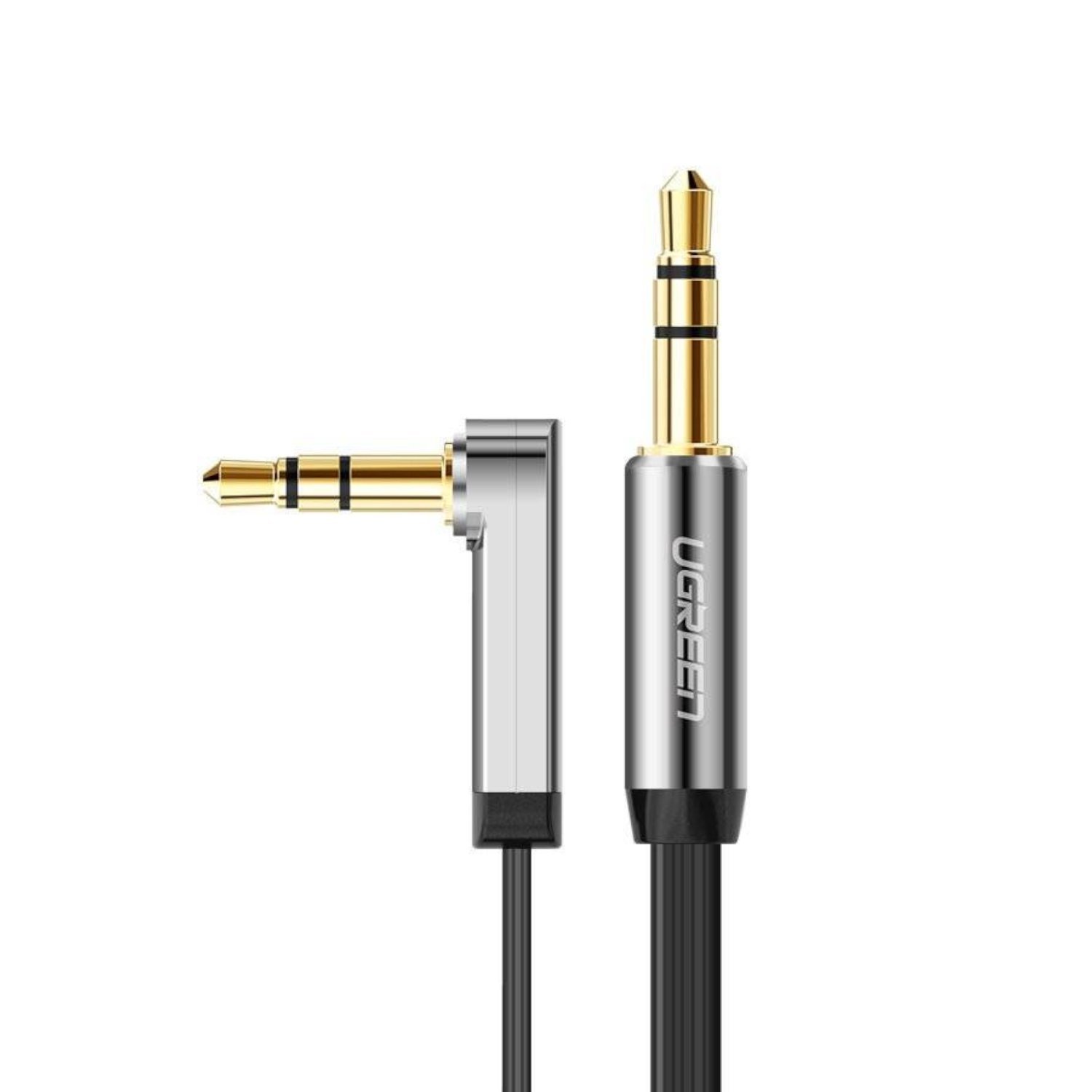 UGREEN AV119 Right-angled 3.5mm Flat Aux Cable 2m - Black/Silver - Image 2