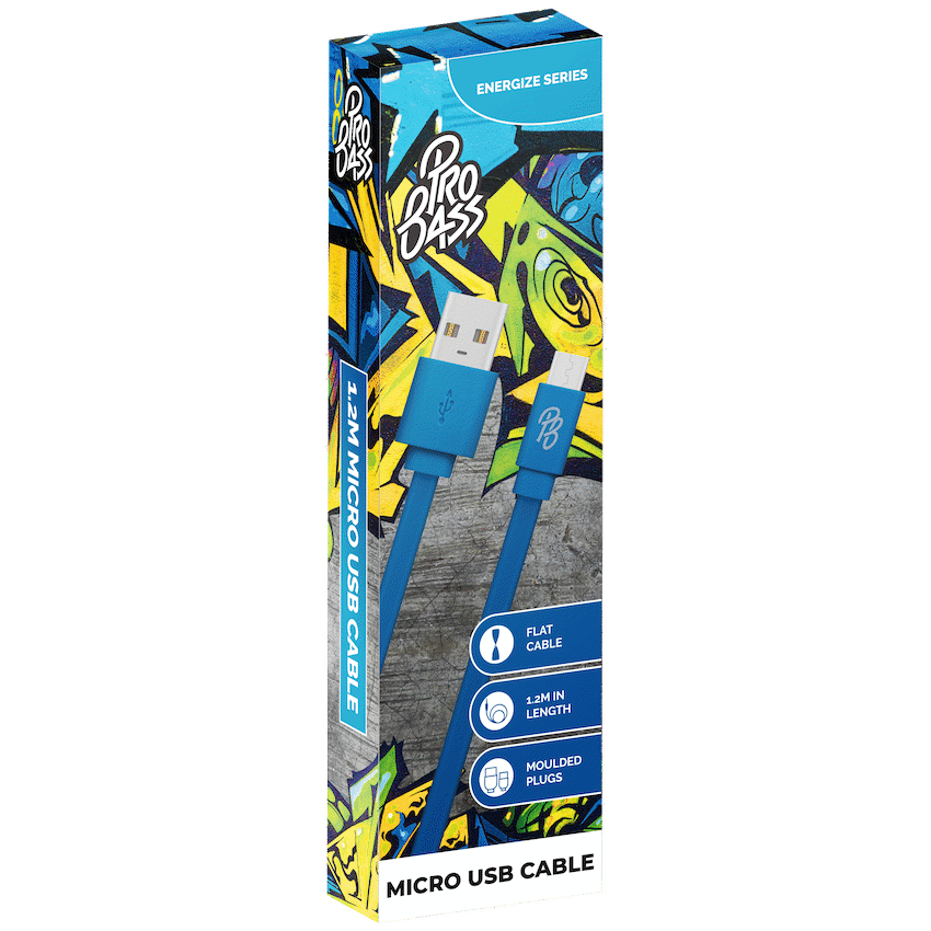 Pro Bass Energize Series Packaged Micro USB Cable - Blue 1.2m - Image 3