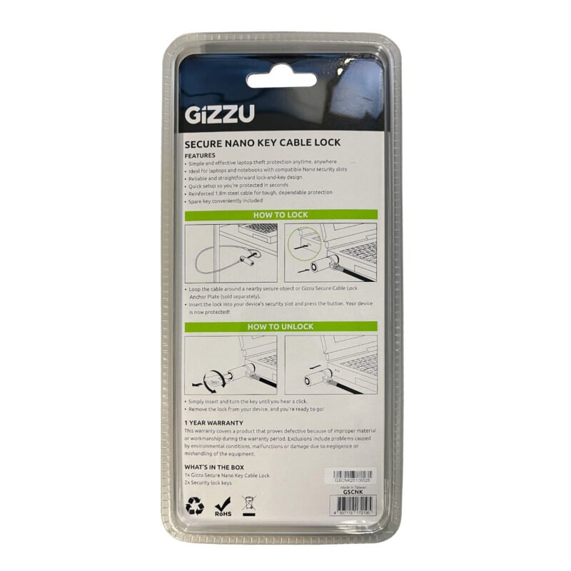GIZZU 1.8m Nano Key Lock Security Cable with Key